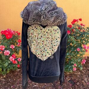 Y2k 2000s heart beaded faux fur zip up PINK VS hoodie